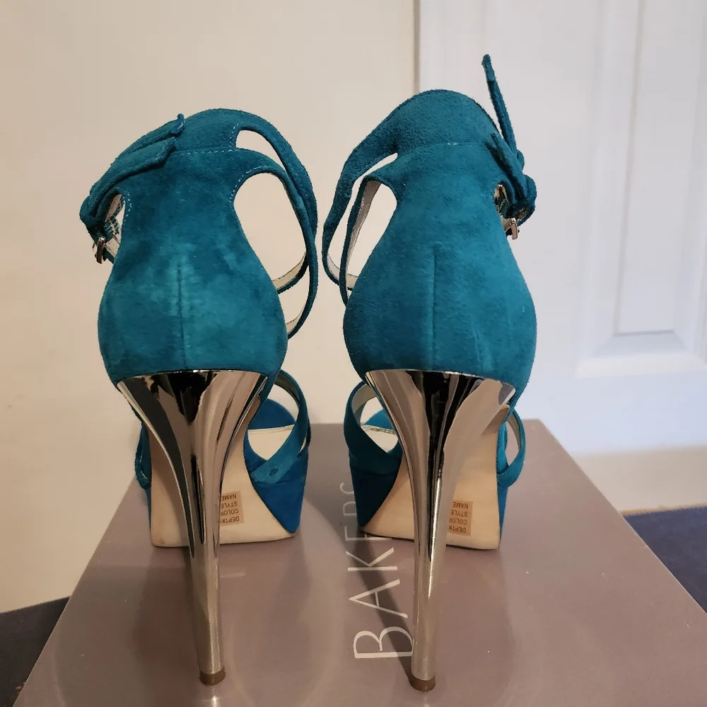 Teal Suede High Heel Sandal with Gold Heel - Picture 4 of 6